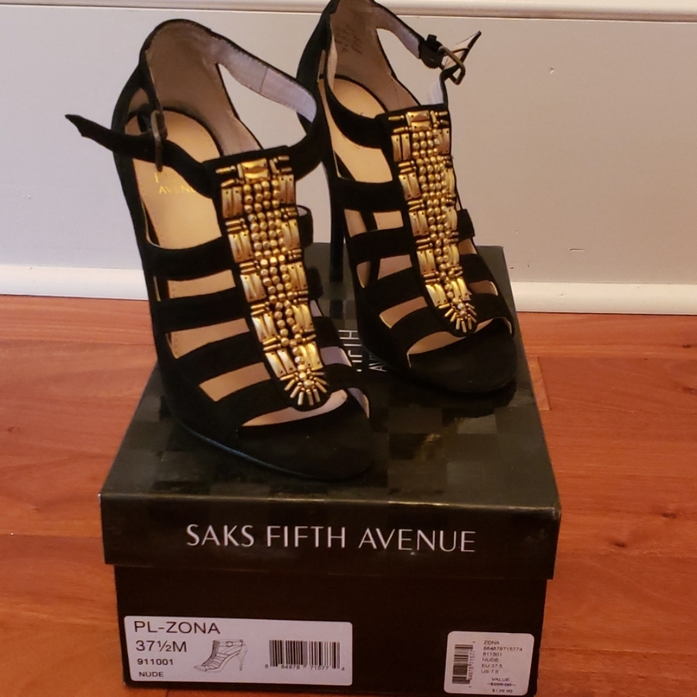 Black suede heels with gold